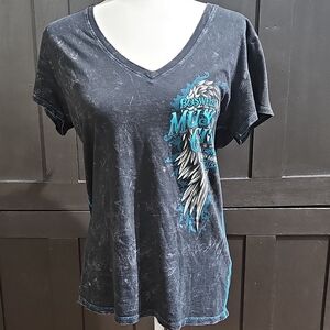 Harley-Davidson Black V-Neck Tee with Teal and White Wing Graphic